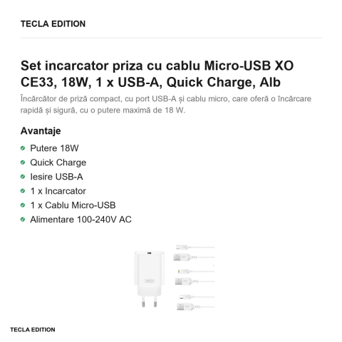 Set incarcator priza cu cablu Micro-USB XO CE33, 18W, 1 x USB-A, Quick Charge, Alb [1]