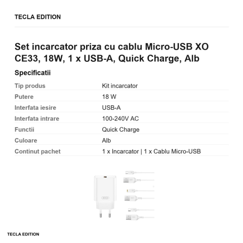 Set incarcator priza cu cablu Micro-USB XO CE33, 18W, 1 x USB-A, Quick Charge, Alb [2]