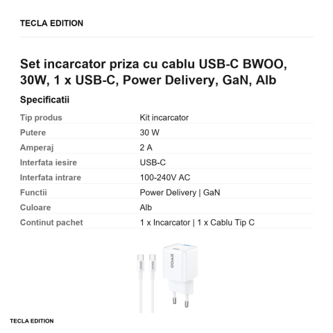 Set incarcator priza cu cablu USB-C BWOO, 30W, 1 x USB-C, Power Delivery, GaN, Alb [2]