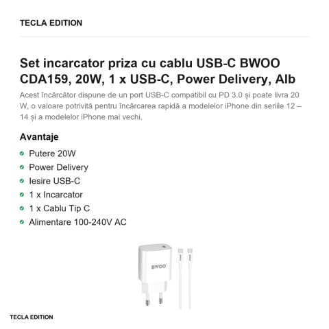 Set incarcator priza cu cablu USB-C BWOO CDA159, 20W, 1 x USB-C, Power Delivery, Alb [1]