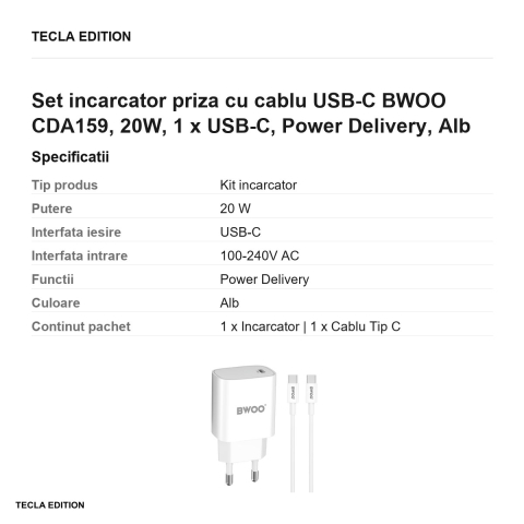 Set incarcator priza cu cablu USB-C BWOO CDA159, 20W, 1 x USB-C, Power Delivery, Alb [2]