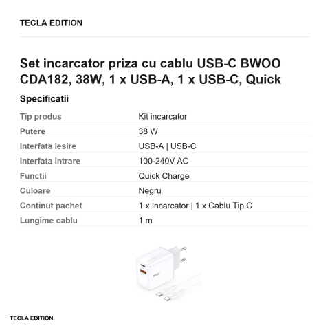 Set incarcator priza cu cablu USB-C BWOO CDA182, 38W, 1 x USB-A, 1 x USB-C, Quick Charge, cablu 1 m, Negru [2]