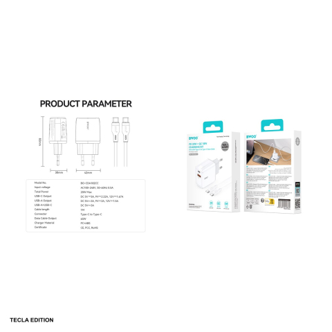 Set incarcator priza cu cablu USB-C BWOO CDA182, 38W, 1 x USB-A, 1 x USB-C, Quick Charge, cablu 1 m, Negru [4]