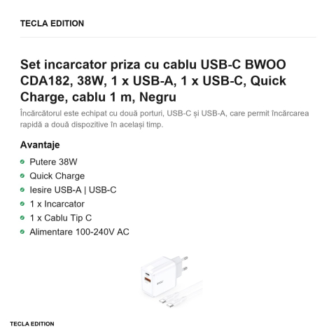 Set incarcator priza cu cablu USB-C BWOO CDA182, 38W, 1 x USB-A, 1 x USB-C, Quick Charge, cablu 1 m, Negru [1]