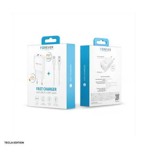 Set incarcator priza cu cablu USB-C Forever TC-01-20AC, 20W, 1 x USB-C, 1 x USB-A, Power Delivery, Quick Charge, Alb [3]