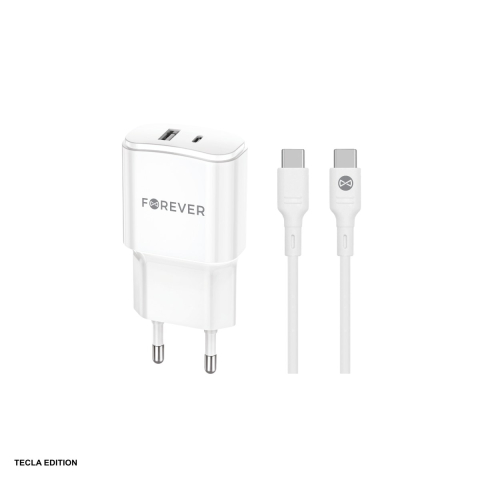 Accesorii smartphone - Set incarcator priza cu cablu USB-C Forever TC-01-20AC, 20W, 1 x USB-C, 1 x USB-A, Power Delivery, Quick Charge, Alb