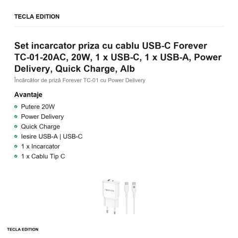 Set incarcator priza cu cablu USB-C Forever TC-01-20AC, 20W, 1 x USB-C, 1 x USB-A, Power Delivery, Quick Charge, Alb [1]