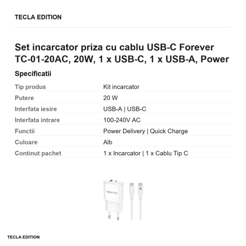 Set incarcator priza cu cablu USB-C Forever TC-01-20AC, 20W, 1 x USB-C, 1 x USB-A, Power Delivery, Quick Charge, Alb [2]