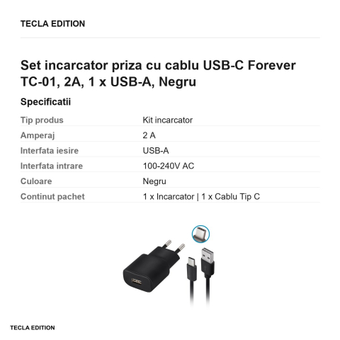 Set incarcator priza cu cablu USB-C Forever TC-01, 2A, 1 x USB-A, Negru [2]