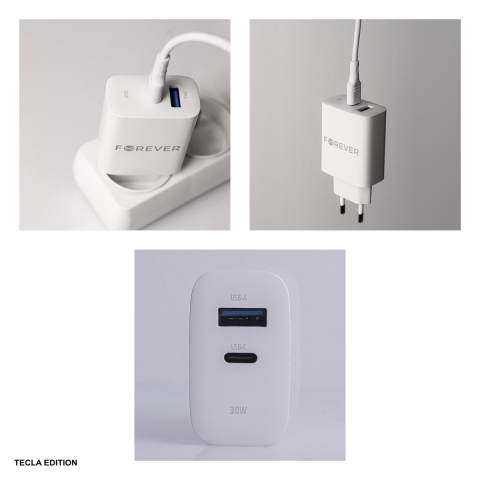 Set incarcator priza cu cablu USB-C Forever TC-07-30AC, 30W, 1 x USB-C, 1 x USB-A, Power Delivery, Quick Charge, Alb [6]