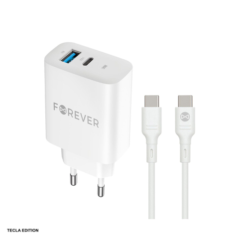 Accesorii smartphone - Set incarcator priza cu cablu USB-C Forever TC-07-30AC, 30W, 1 x USB-C, 1 x USB-A, Power Delivery, Quick Charge, Alb