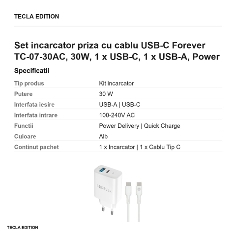 Set incarcator priza cu cablu USB-C Forever TC-07-30AC, 30W, 1 x USB-C, 1 x USB-A, Power Delivery, Quick Charge, Alb [2]