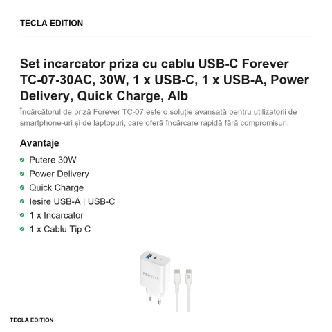 Set incarcator priza cu cablu USB-C Forever TC-07-30AC, 30W, 1 x USB-C, 1 x USB-A, Power Delivery, Quick Charge, Alb [1]
