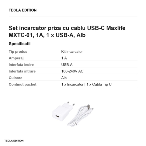 Set incarcator priza cu cablu USB-C Maxlife MXTC-01, 1A, 1 x USB-A, Alb [2]