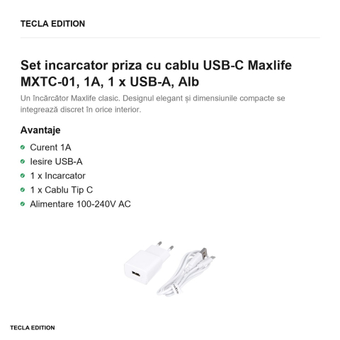 Set incarcator priza cu cablu USB-C Maxlife MXTC-01, 1A, 1 x USB-A, Alb [1]