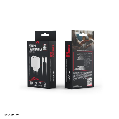 Set incarcator priza cu cablu USB-C Maxlife MXTC-06-20AC, 20W, 1 x USB-C, 1 x USB-A, Power Delivery, Quick Charge, Alb [6]