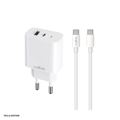 Accesorii smartphone - Set incarcator priza cu cablu USB-C Maxlife MXTC-06-20AC, 20W, 1 x USB-C, 1 x USB-A, Power Delivery, Quick Charge, Alb