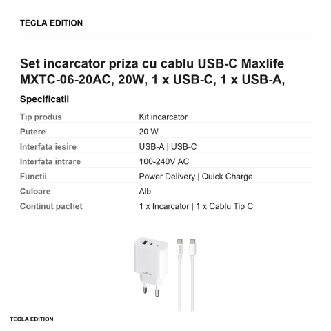 Set incarcator priza cu cablu USB-C Maxlife MXTC-06-20AC, 20W, 1 x USB-C, 1 x USB-A, Power Delivery, Quick Charge, Alb [2]
