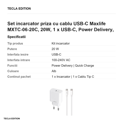 Set incarcator priza cu cablu USB-C Maxlife MXTC-06-20C, 20W, 1 x USB-C, Power Delivery, Quick Charge, Alb [2]