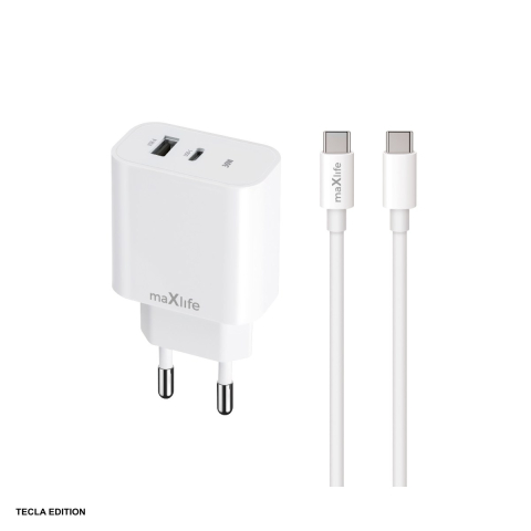 Accesorii smartphone - Set incarcator priza cu cablu USB-C Maxlife MXTC-06-30AC, 30W, 1 x USB-C, 1 x USB-A, Power Delivery, Quick Charge, Alb