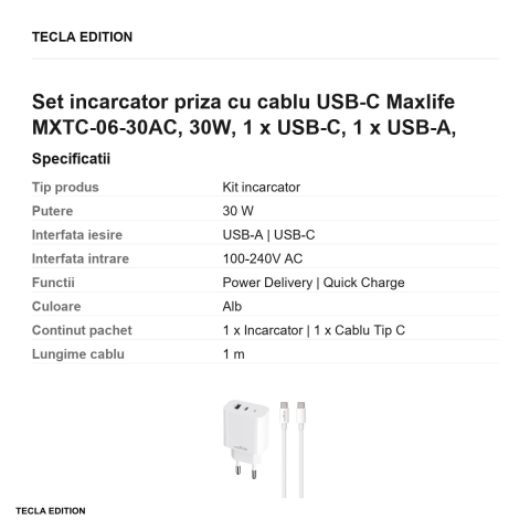 Set incarcator priza cu cablu USB-C Maxlife MXTC-06-30AC, 30W, 1 x USB-C, 1 x USB-A, Power Delivery, Quick Charge, Alb [2]
