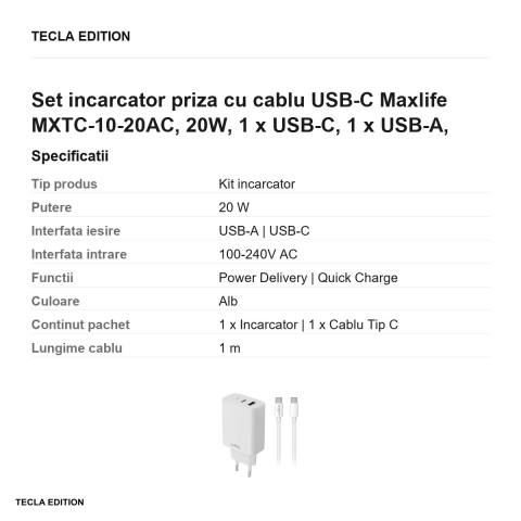 Set incarcator priza cu cablu USB-C Maxlife MXTC-10-20AC, 20W, 1 x USB-C, 1 x USB-A, Power Delivery, Quick Charge, Alb [2]