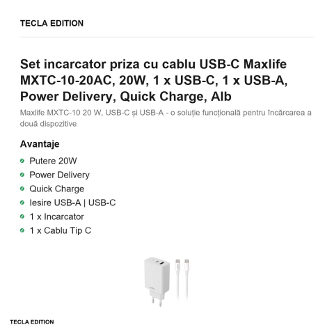Set incarcator priza cu cablu USB-C Maxlife MXTC-10-20AC, 20W, 1 x USB-C, 1 x USB-A, Power Delivery, Quick Charge, Alb [1]