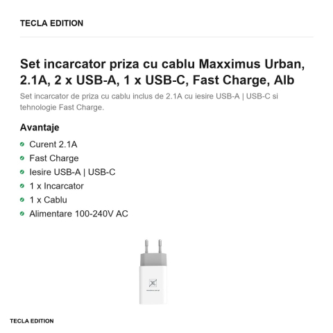Set incarcator priza cu cablu USB-C Maxximus Urban, 2.1A, 2 x USB-A, Fast Charge, Alb [1]