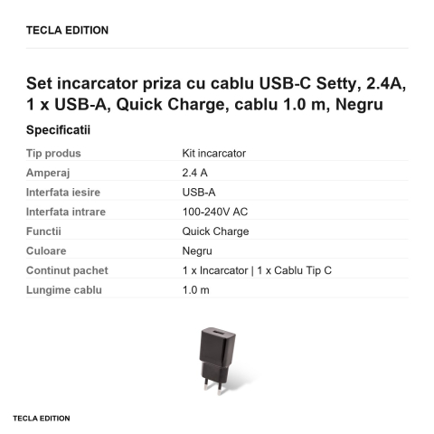 Set incarcator priza cu cablu USB-C Setty, 2.4A, 1 x USB-A, Quick Charge, cablu 1.0 m, Negru [2]