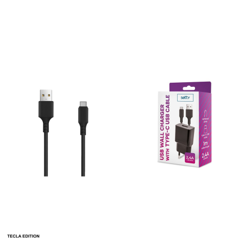 Set incarcator priza cu cablu USB-C Setty, 2.4A, 1 x USB-A, Quick Charge, cablu 1.0 m, Negru [3]