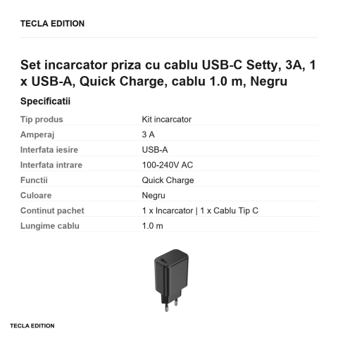 Set incarcator priza cu cablu USB-C Setty, 3A, 1 x USB-A, Quick Charge, cablu 1.0 m, Negru [2]