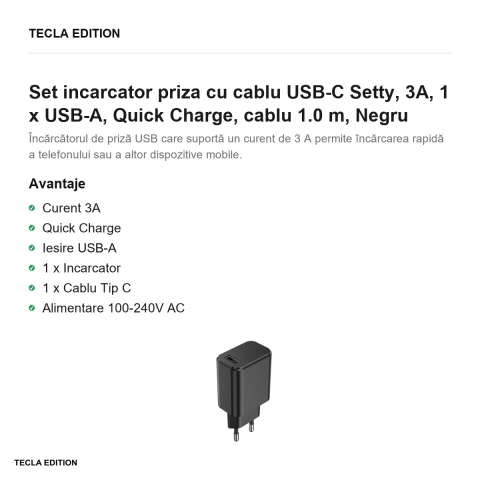 Set incarcator priza cu cablu USB-C Setty, 3A, 1 x USB-A, Quick Charge, cablu 1.0 m, Negru [1]