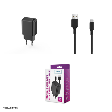 Set incarcator priza cu cablu USB-C Setty, 3A, 1 x USB-A, Quick Charge, cablu 1.0 m, Negru [4]