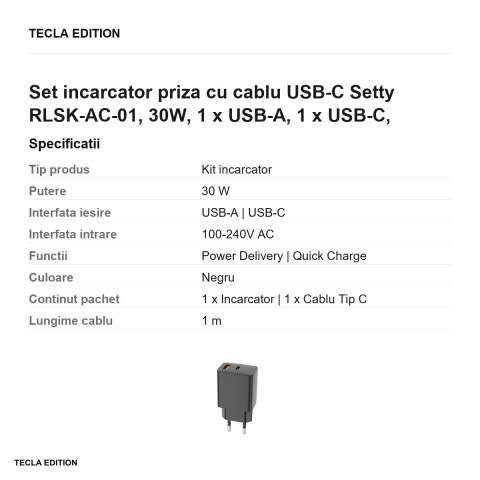 Set incarcator priza cu cablu USB-C Setty RLSK-AC-01, 30W, 1 x USB-A, 1 x USB-C, Power Delivery, Quick Charge, cablu 1 m, Negru [2]