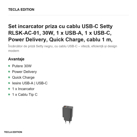 Set incarcator priza cu cablu USB-C Setty RLSK-AC-01, 30W, 1 x USB-A, 1 x USB-C, Power Delivery, Quick Charge, cablu 1 m, Negru [1]