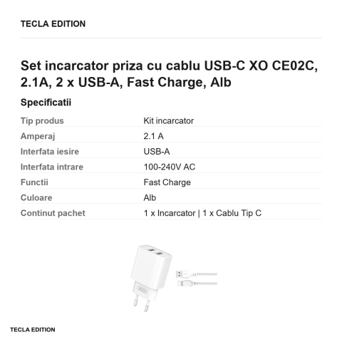 Set incarcator priza cu cablu USB-C XO CE02C, 2.1A, 2 x USB-A, Fast Charge, Alb [2]