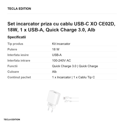 Set incarcator priza cu cablu USB-C XO CE02D, 18W, 1 x USB-A, Quick Charge 3.0, Alb [2]