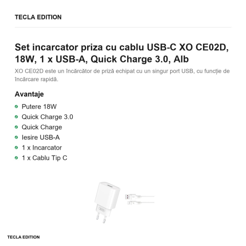 Set incarcator priza cu cablu USB-C XO CE02D, 18W, 1 x USB-A, Quick Charge 3.0, Alb [1]