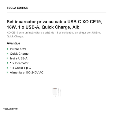 Set incarcator priza cu cablu USB-C XO CE19, 18W, 1 x USB-A, Quick Charge, Alb [1]
