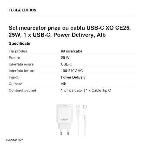 Set incarcator priza cu cablu USB-C XO CE25, 25W, 1 x USB-C, Power Delivery, Alb [2]
