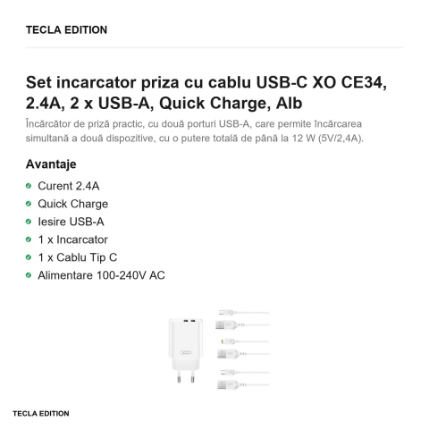 Set incarcator priza cu cablu USB-C XO CE34, 2.4A, 2 x USB-A, Quick Charge, Alb [1]
