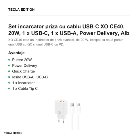Set incarcator priza cu cablu USB-C XO CE40, 20W, 1 x USB-C, 1 x USB-A, Power Delivery, Alb [1]