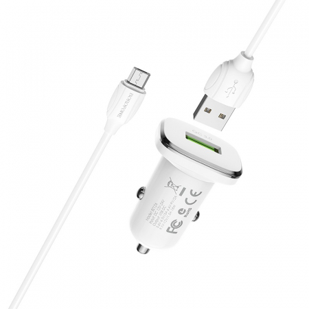Incarcator auto - Incarcator auto Borofone, BZ12A Lasting, dual USB QC3.0, 3.6A, cablu MicroUSB inclus, 1m, Alb