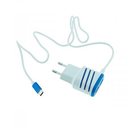 Set incarcator retea, 3.1A, 2 X USB, Elworld JXL-222, cu cablu USB Tip C tata, alb cu albastru [1]