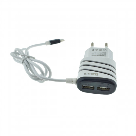 Incarcator priza retea - Set incarcator retea, 3.1A, 2 X USB, Elworld JXL-222, cu cablu USB Tip C tata, alb cu negru