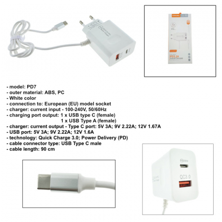 Set incarcator retea cu cablu USB Tip C, QC 3.0, PD, 20W, cu port USB si USB de tip C, P07-W, alb [5]