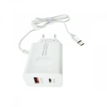 Incarcator priza retea - Set incarcator retea cu cablu USB Tip C, QC 3.0, PD, 20W, cu port USB si USB de tip C, P07-W, alb