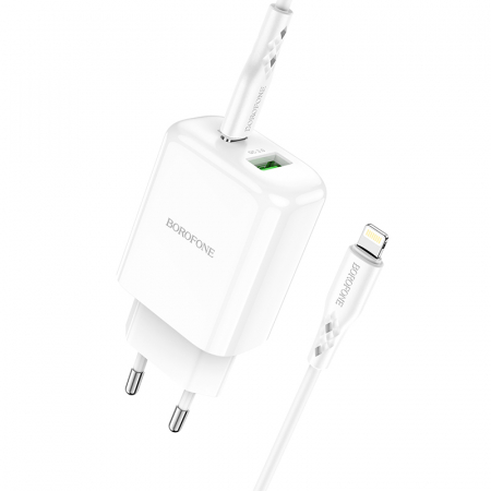 Set incarcator retea cu cablu USB Tip C tata la Tip Lightning, Borofone 74809 BN4, QC 3.0, 20W, cu port USB si USB de tip C, alb [1]