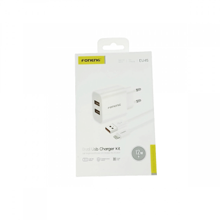 Set incarcator retea FONENG EU45, 2.4A 12 W, 1 X USB, cu cablu USB si conector compatibil tip lightning cu lungime 1m, alb [3]