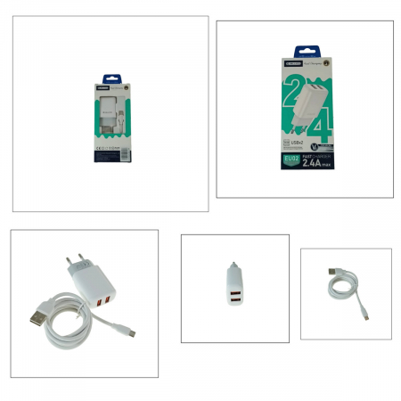 Set incarcator retea JELLICO EU02, 2.4A 12W, 2 X USB, cu cablu USB si conector microUSB tata, cu lungime 1m, alb [5]